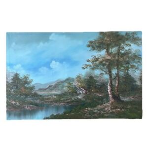 Vintage Oil Painting 22x34 Inch Canvas Landscape Creekside Cabin Signed Unframed